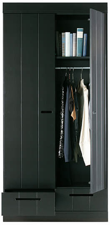 2 deurs kledingkast met lades - zwart