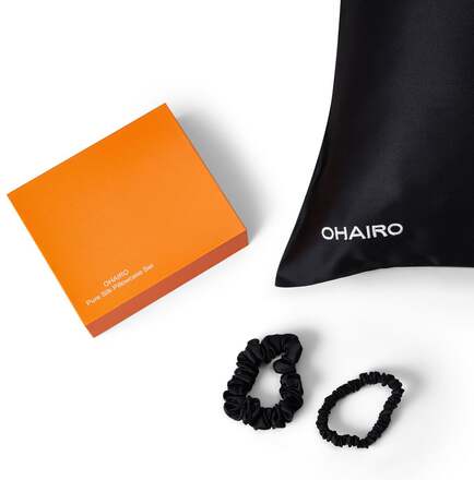 OHAIRO Pure Silk Pillow Case Set 1 Pillowcase + 2 Silk Scrunchies Black