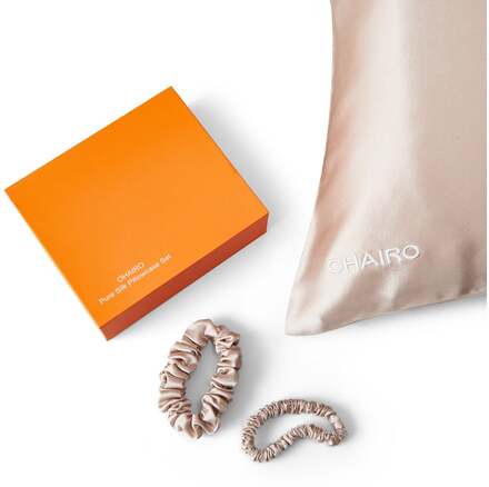 OHAIRO Pure Silk Pillow Case Set 1 Pillowcase + 2 Silk Scrunchies Champagne