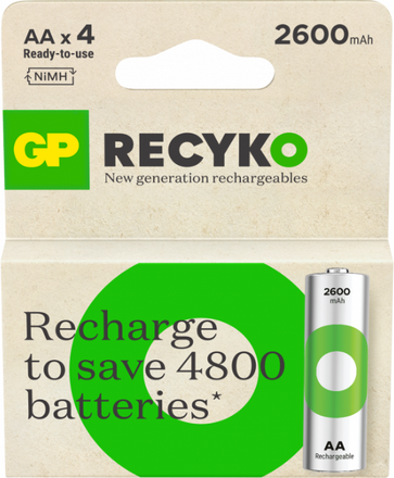 Uppladdningsbart batteri GP ReCyko AA / LR6 med 2600 mAh - 4-pack