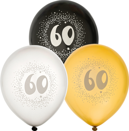 60 år - 6 stk Svarte, Sølv- og Gullfarget Ballonger 30 cm