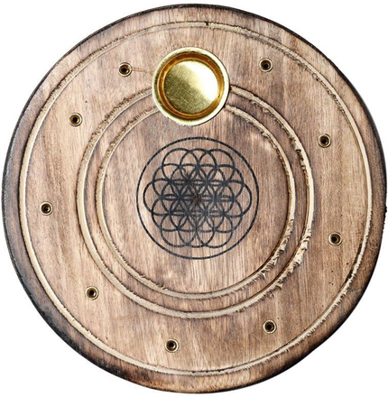 Rund Røkelsesholder i Mangotre med Flower of Life Motiv - 10 cm