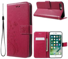 Imprinted Butterfly Leather Wallet Cover with Wrist Strap for iPhone 8 Plus / 7 Plus