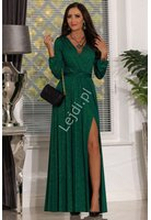 Butelkowo zielona brokatowa sukienka z długim rękawem, wyszczuplająca sukienka na wesele, Salma 2