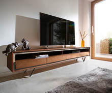 DELIFE Tv-meubel Stonegrace 240 cm acacia bruin steenfineer 4 laden 1 legplank V-poot zwart