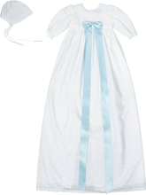 Hvit dåpskjole med lyseblått bånd