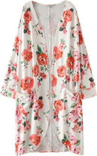 Neue Frauen Boho Kimono Strickjacke Blumendruck Drei Viertel Ärmel Casual Loose Oberbekleidung Mantel Tops Weiß