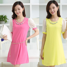 Koreanische Mode Frauen Lady Kleid Candy Farbe Kontrast Kurzarm Futter Minikleid