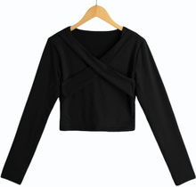 New Sexy Women Solide Crop Top Bluse Querverband mit V-Ausschnitt mit langen Ärmeln Pullover beiläufige kurze Hemd