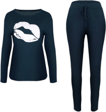 Mode Frauen Trainingsanzug Lippen Gedruckt Langarm Sweatshirt Striped Lange Hosen Casual 2 Stück Set Anzüge Schwarz / Royal Blue