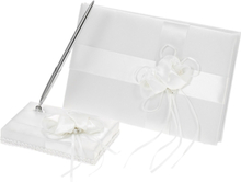 White Satin Ribbon Hochzeit Guset Unterschrift Buch und Stift Stand mit Satin Blume Faux Perlen Dekoration