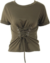Trendy Frauen T-Shirt Criss Kreuz schnüren sich oben Verband-Loch-Öse-runde Ansatz-Kurzschluss-Hülse beiläufige Oberseiten