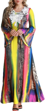 Frauen plus Größe Maxi lange Kleid Kontrast Farbe Flare lange Ärmel Gürtel Spitze bunte elegante A-Linie Kleider