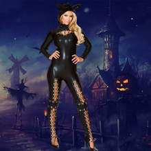 Women Halloween Costume Jumpsuit Lace Up Cut Out Cosplay Party Solid Bodysuit Fancy Lingerie Playsuit with Hat Black