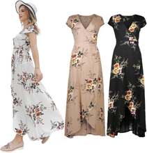 Frauen Blumendruck Kleid Wraparound V-Ausschnitt hohe Taille mit kurzen Ärmeln Swing Maxikleid