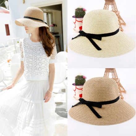 Mode Frauen Sonne Hut Stroh Hut Wide Brim Sommer Strand Kopfbedeckung Beige