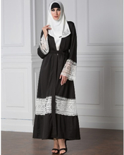 Mode Frauen Muslim Spitze Robes Langarm Abaya Kaftan Islamic Arab Lange Strickjacke Gürtel Trenchcoat Schwarz