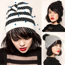 Herbst Winter Mode Frauen Jahrgang Beanie Bobble Dekoration Net Schleier gehäkelt gestrickt mütze schwarz
