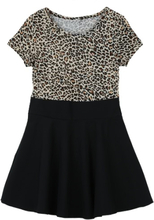 Mode niedlichen Kinder Mädchen Kleid Leopard Print rund Hals kurze Ärmel Krepp-Minikleid Schwarz