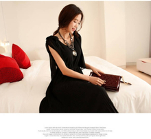 Koreanische Mode Frauen Damen Chiffon Maxi Kleid Bogen öffnen Schulter Ausschnitt Butterfly Sleeve Pleated langes Kleid einteilig schwarz