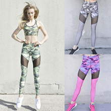 Sexy Frauen Camouflage Print Mesh Splice Sport Leggings Yoga Hosen Workout Laufen Dünne Dünne Fitness Strumpfhosen