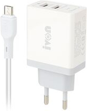 IVON AD26 12W Hurtigopladningsblok 5V 2,4A Dual USB Port Vægoplader EU-stik med Micro USB-kabel
