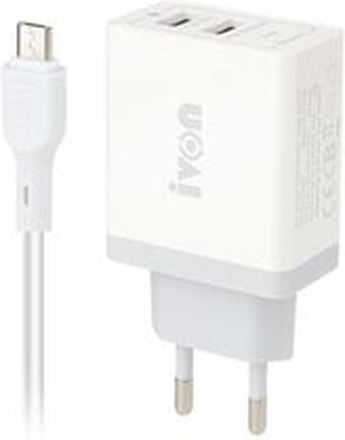 IVON AD26 12W Hurtigopladningsblok 5V 2,4A Dual USB Port Vægoplader EU-stik med Micro USB-kabel