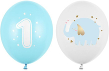50 stk Blå og Hvite Ballonger med Motiv av Elefant og 1-Tall 30 cm