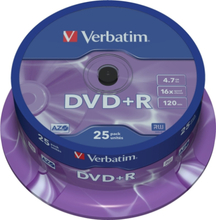 Verbatim DVD+R, 16x, 4,7 GB/120 min, 25-pakkaus spindle, AZO