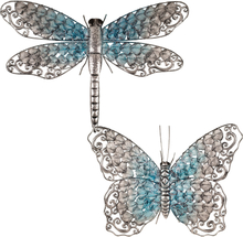 Set van 2x stuks grote metalen vlinder en libelle zilver/blauw 46 en 50 cm tuin decoratie