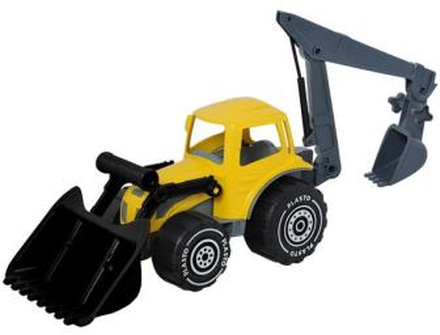 Traktor med frontlastare och grävare, gul med svarta skopor, 70 cm i box