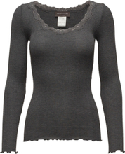 Silk T-Shirt W/ Lace T-shirts & Tops Long-sleeved Grå Rosemunde*Betinget Tilbud