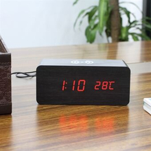 Modern Wooden Digital LED Desk Electric Alarm Clock Thermometer Sound Control Phone Wireless Charger