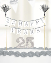 Silverfärgad 25 Happy Years Tårtbanner och Tårtljus