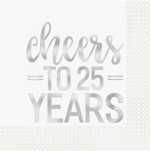 16 stk Servietter med Silverfärgad Cheers to 25 Years Text 33x33 cm