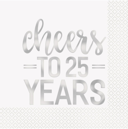 16 stk Servietter med Silverfärgad Cheers to 25 Years Text 33x33 cm