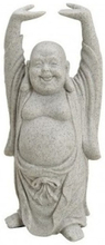 Boeddha beeldje met handen omhoog - grijs - 16 cm - van polystone