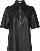 Niko Collar Leather Shirt Tops Shirts Short-sleeved Black NORR