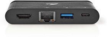 Nedis USB Multi-Port Adapter | USB 3.2 Gen 1 | USB-C- Hane | HDMI- Hona / RJ45 Hona / USB-A Hona / USB-C- Hona | Rund | Nickelplaterad | Svart | Låda