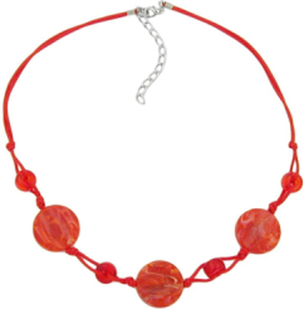 NECKLACE DISK SHAPED RED MARBLED BEADS RED CORD