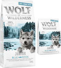 12 kg + 1 kg gratis! Wolf of Wilderness Trockenfutter 13 kg - Junior "Blue River" - Freilandhuhn & Lachs