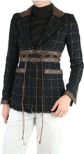 Pre-eide svart glitrende sjekk mønstret tweed jakke med skinndetaljer