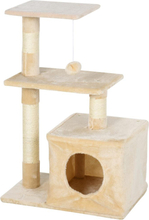 Tiragraffi con cuccia per gatti pallina corda in sisal peluche in legno beige