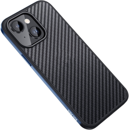For iPhone 14 SULADA Carbon Fiber Textured Shockproof Metal + TPU Frame Case(Dark Blue)
