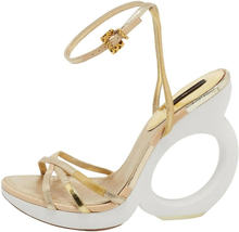 Pre-owned Gold Leather Round Wedge Ankle Strap Sandals