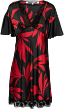 Pre-owned Black Red Floral Print Satin Flare Sleeve Dress