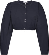 Cotton Crepe Shaped Sleeve Cropped Blouse Tops Crop Tops Long-sleeved Crop Tops Navy Ganni