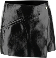 Miniskirt made of shiny lambskin leather Wrap around closure with side snap button Two side pockets Asymmetrical hemline Black Made in the USA Composition: 100% lambskin