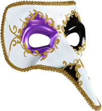 Vit Venetiansk Zanni Mask med Lila öga och Lång Näsa