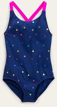 Bedruckter Badeanzug mit gekreuzten Trägern Mädchen Boden, Marineblau, Regenbogen-Folienkonfetti
